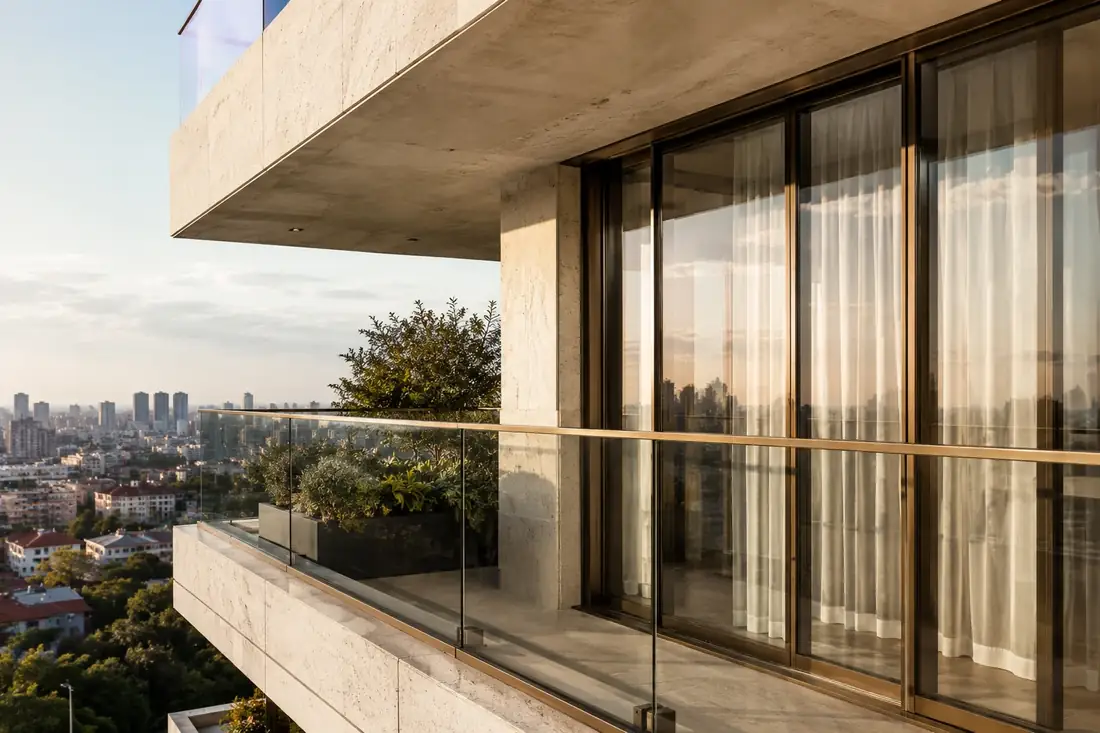 Varanda moderna com vidro e vista urbana