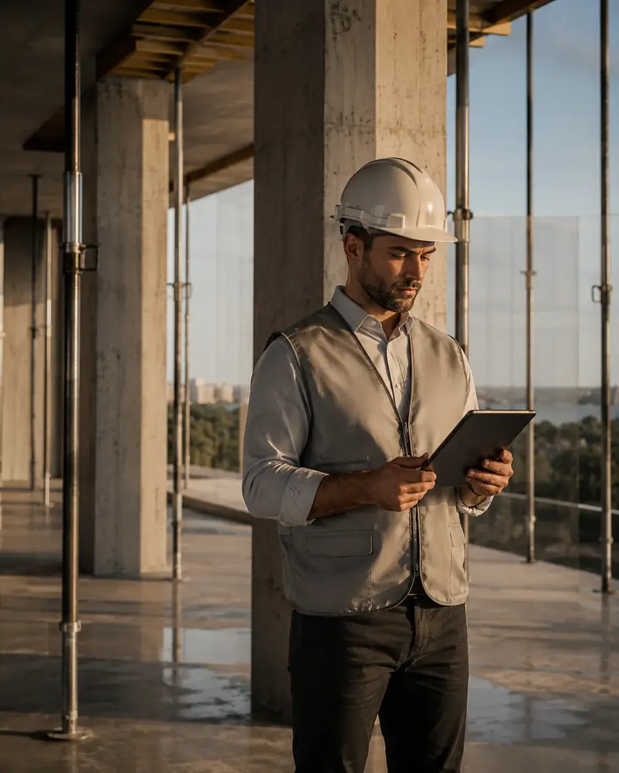 Engenheiro em obra analisando detalhes técnicos em tablet