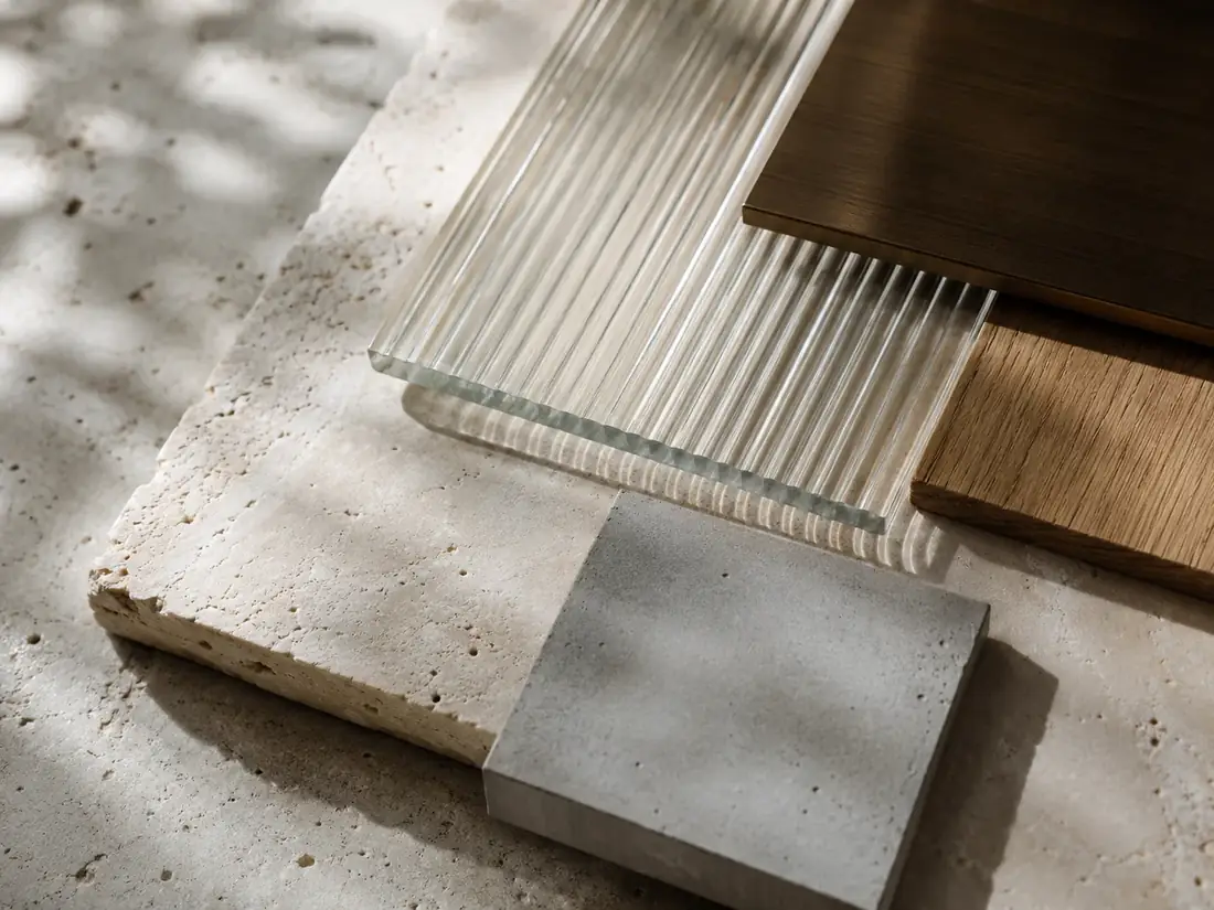 Materiais premium de acabamento com pedra, vidro, concreto e madeira