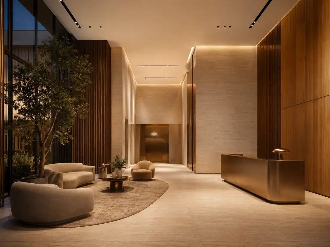 Lobby residencial premium com pedra clara e iluminação indireta
