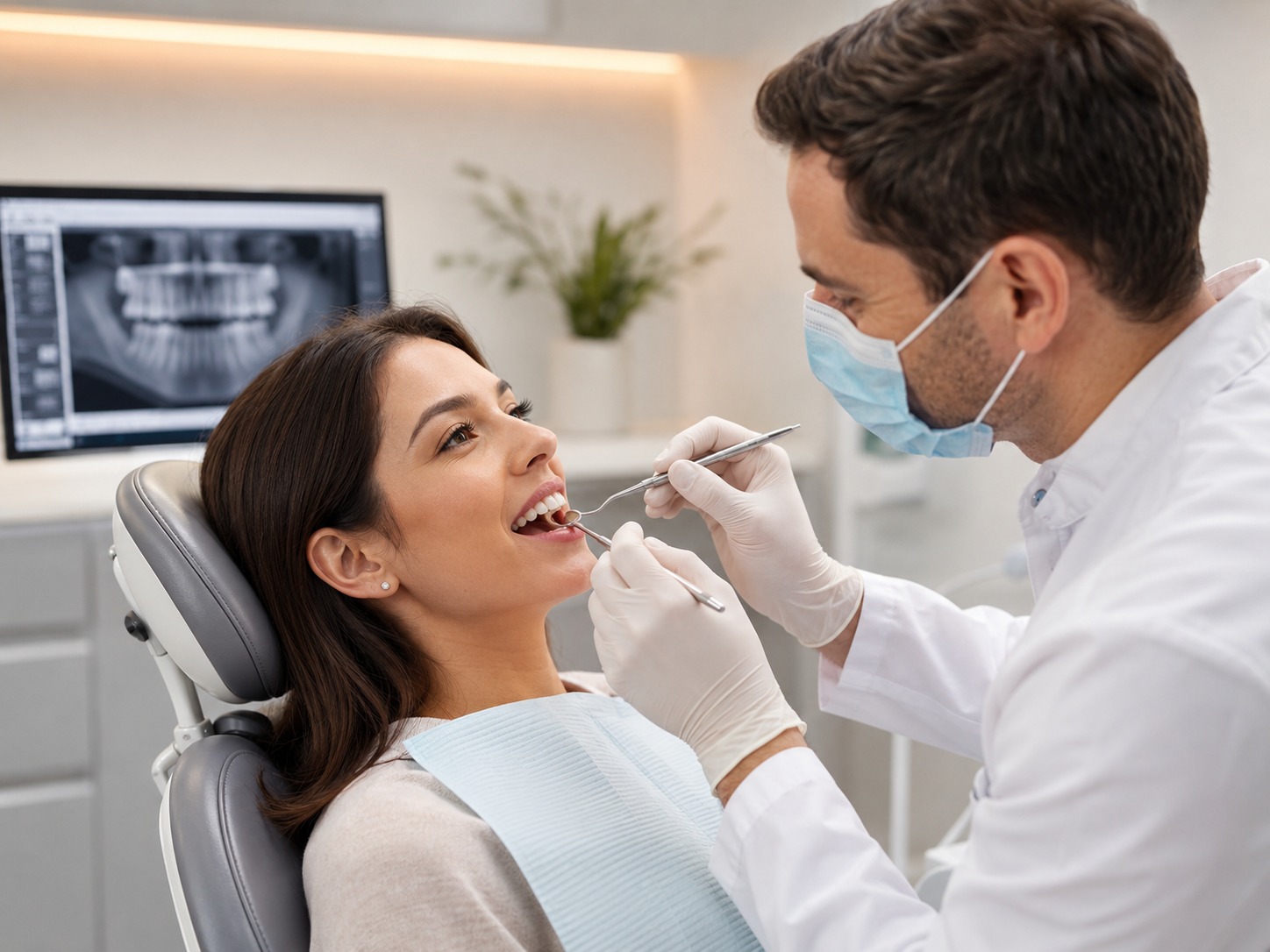Paciente em check-up odontológico em clínica moderna