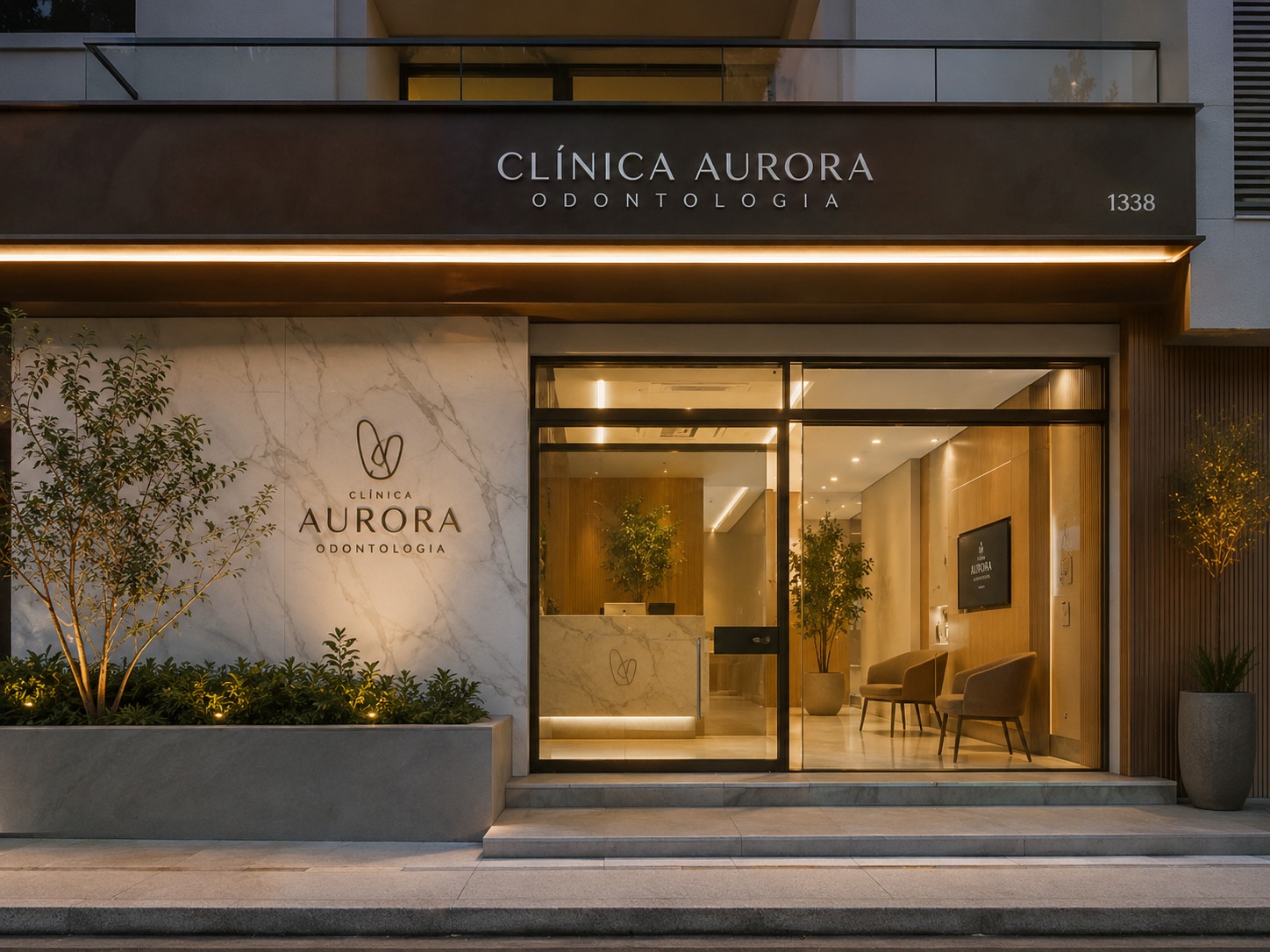 Fachada contemporânea da Clínica Aurora Odontologia