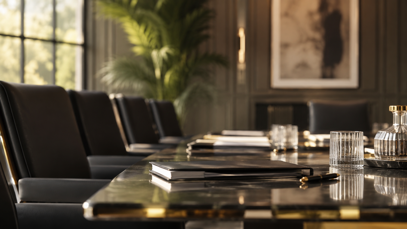 Sala de reunião executiva com documentos sobre a mesa.