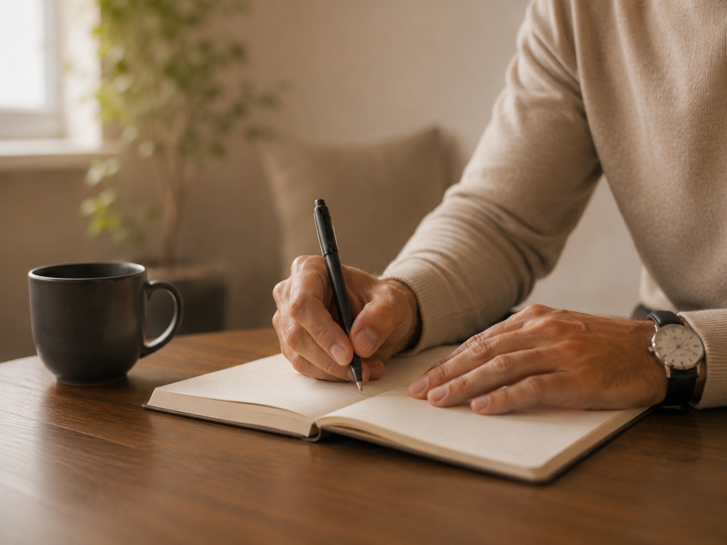 Mãos escrevendo em caderno durante um processo de acompanhamento