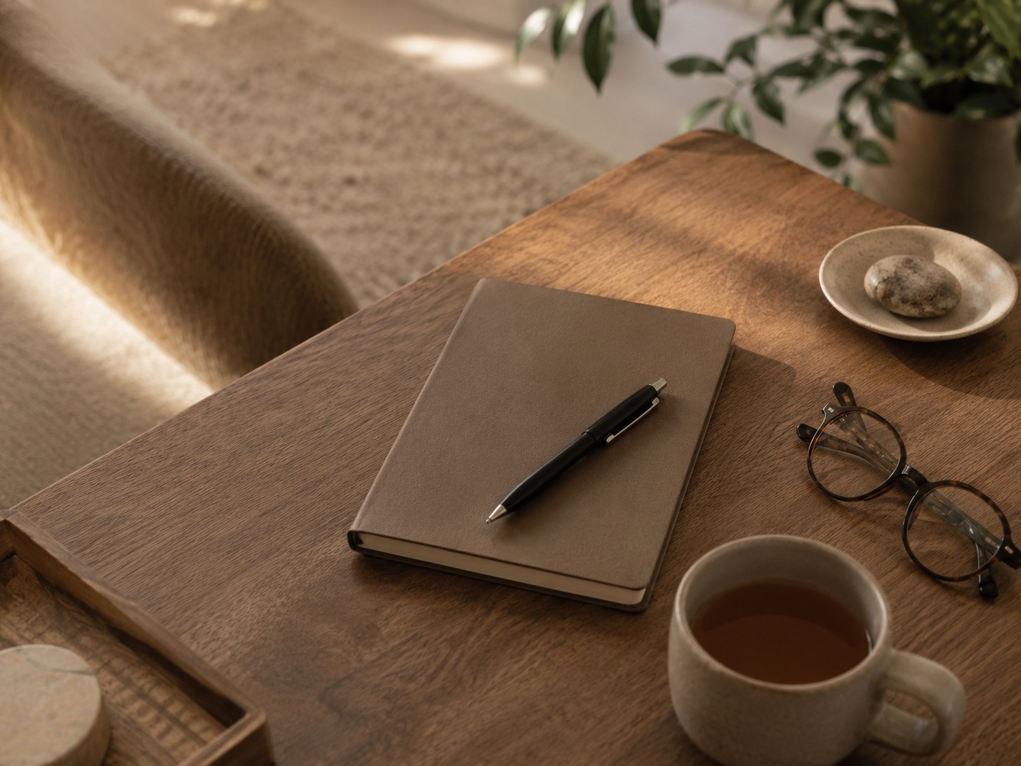 Mesa com caderno, óculos e xícara em luz quente