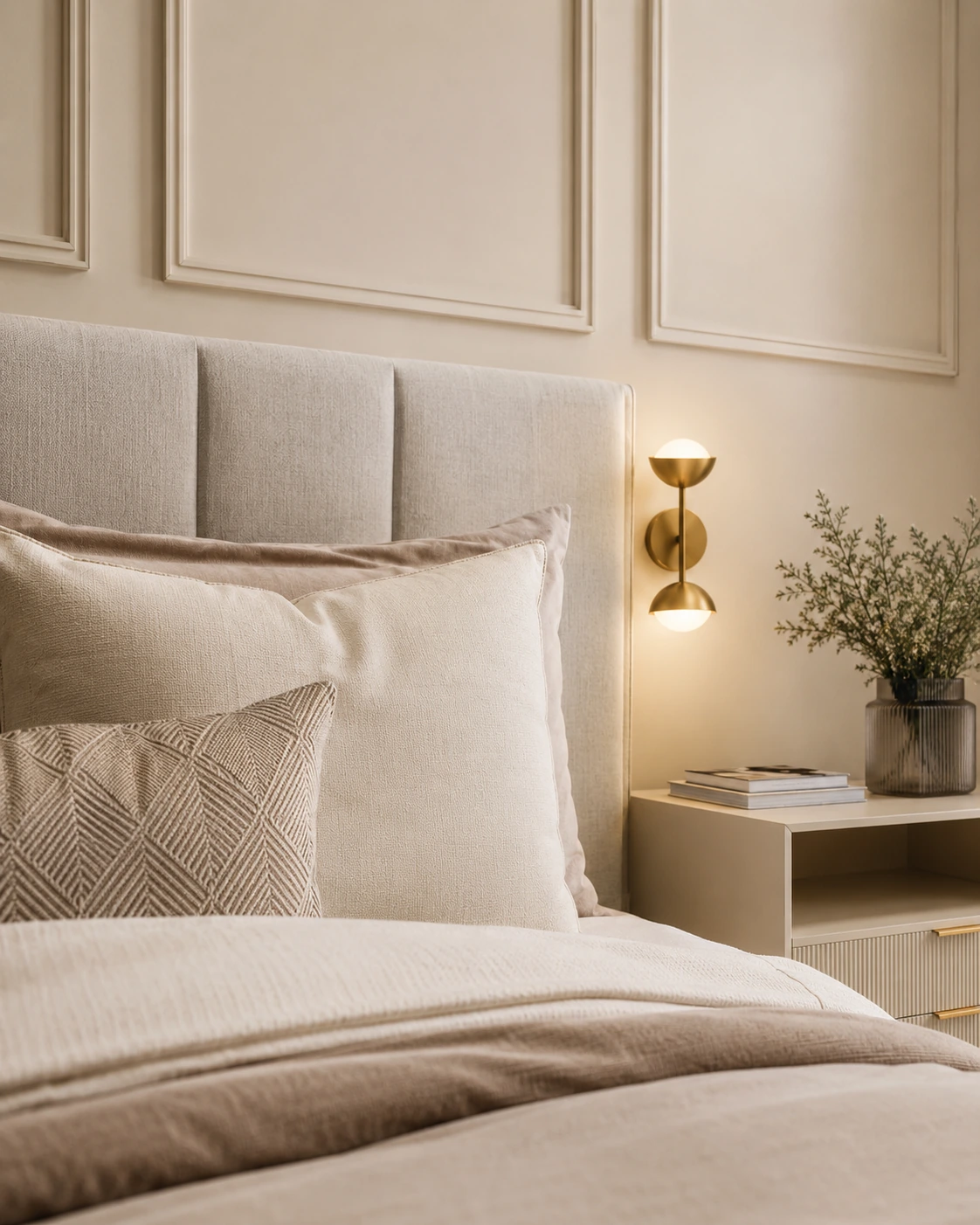 Detalhe de cama e painéis decorativos em ambiente neutro